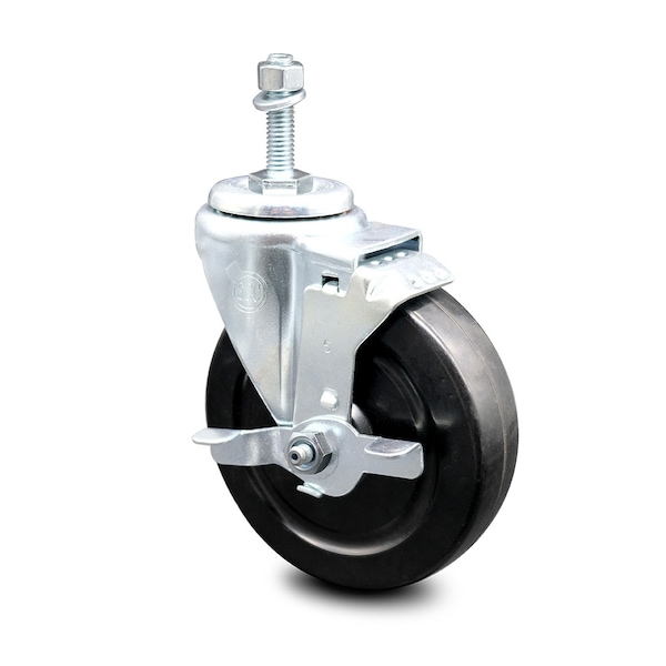 5 Inch Hard Rubber Wheel Swivel 3/8 Inch Threaded Stem Caster with Brake SCC